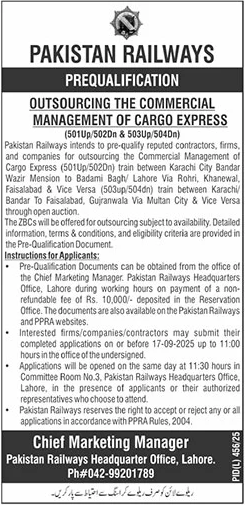 Pakistan Railways Lahore Tender Notice